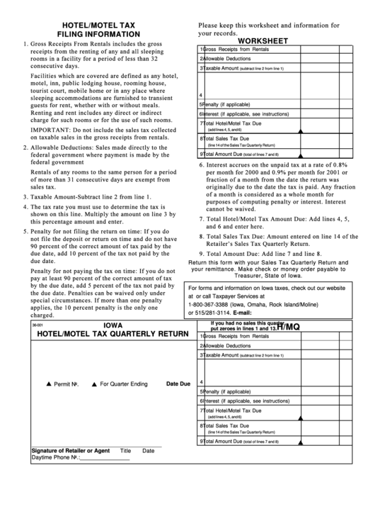 Form 36-001 (H/mq) - Hotel/motel Tax Quarterly Return Printable pdf