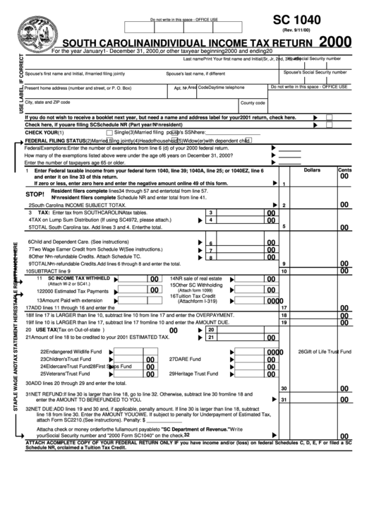 Form Sc 1040 - Individual Income Tax Return - 2000 Printable pdf