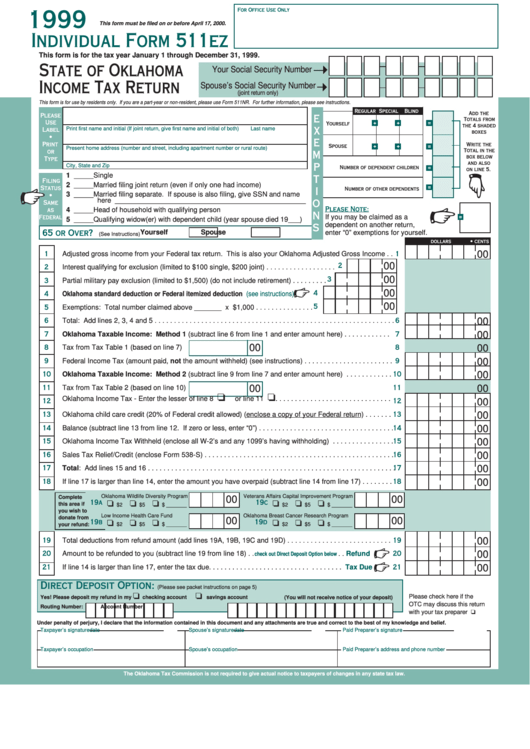 Individual Form 511ez - State Of Oklahoma Income Tax Return - 1999 Printable pdf