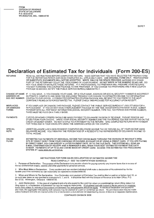 Form 200-Es) - Declaration Of Estimated Tax For Individuals Printable pdf