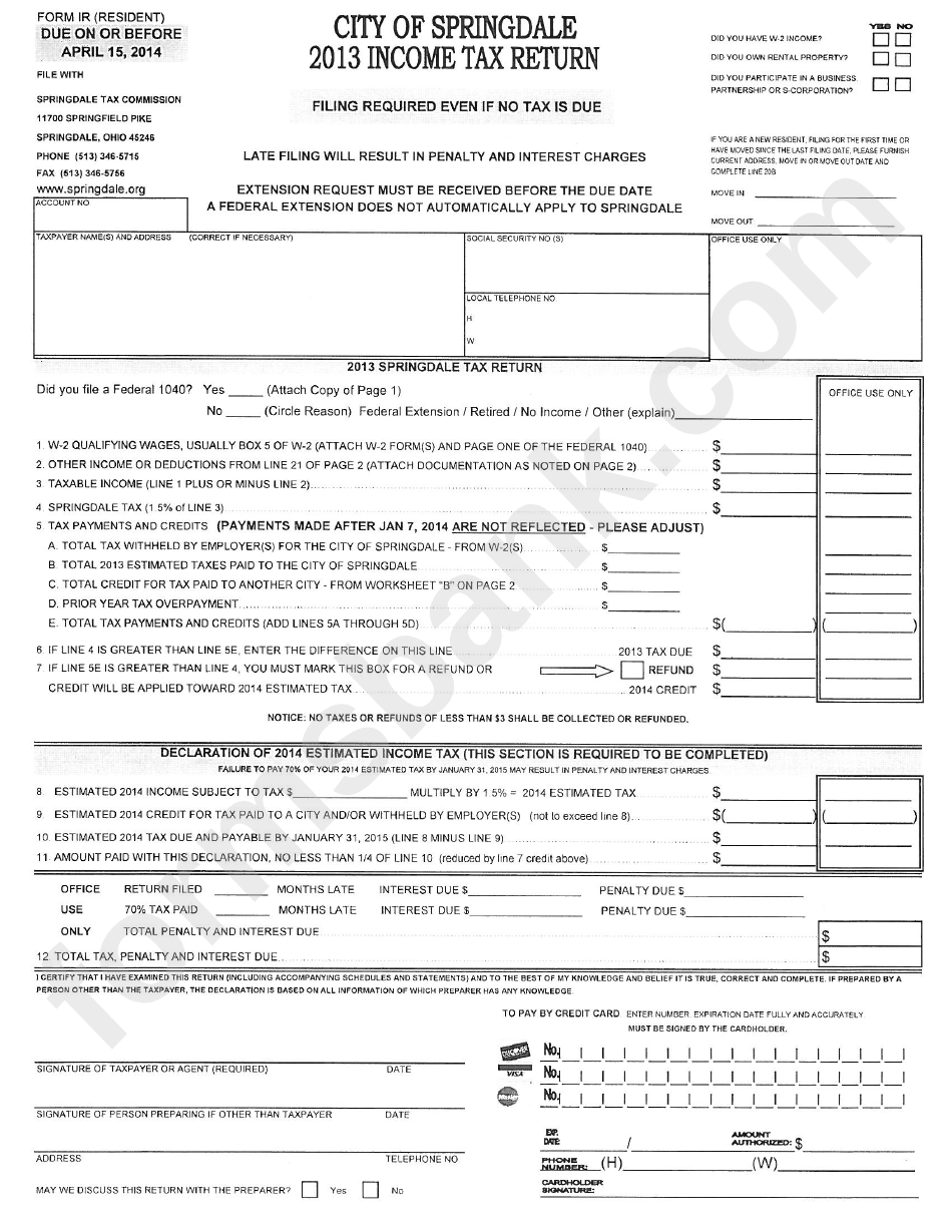 Form Ir - Income Tax Return - City Of Springdale, 2013