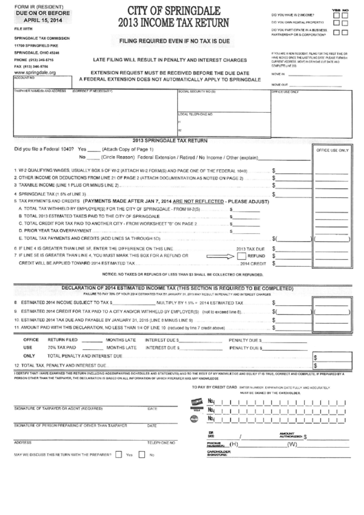 Form Ir - Income Tax Return - City Of Springdale, 2013 Printable pdf