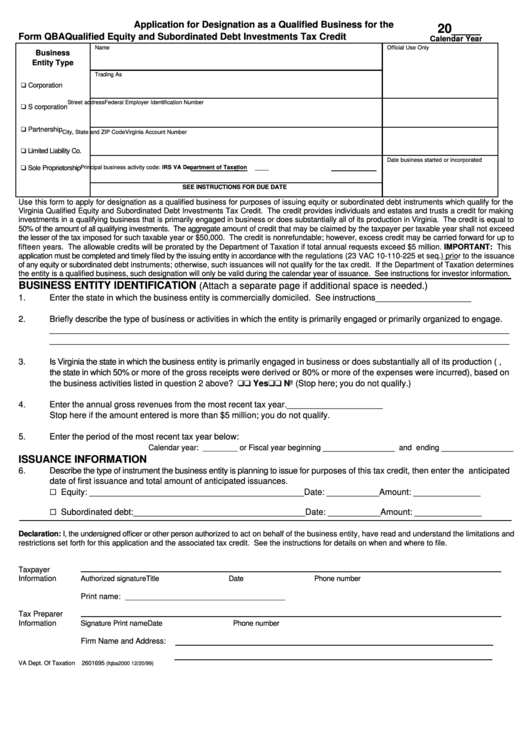 Form Qba - Application For Designation As A Qualified Business For The Ar Year Application For Designation As A Qualified Business For The Form Qba Q Printable pdf