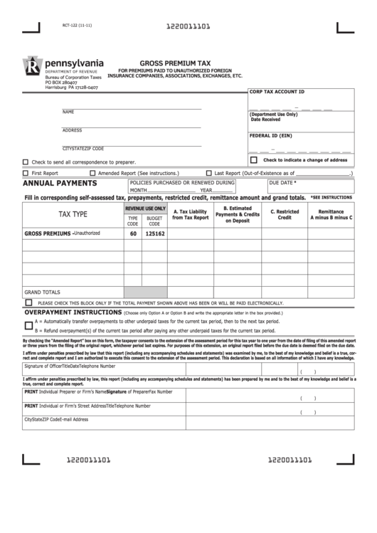 Form Rct-122 - Gross Premiums Tax Report For Premiums Paid To Unauthorized Foreign Insurance Companies, Associations, Exchanges, Etc. Printable pdf