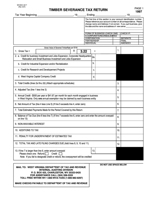 Fillable Form Wv/sev-401t - Timber Severance Tax Return - 1997 Printable pdf