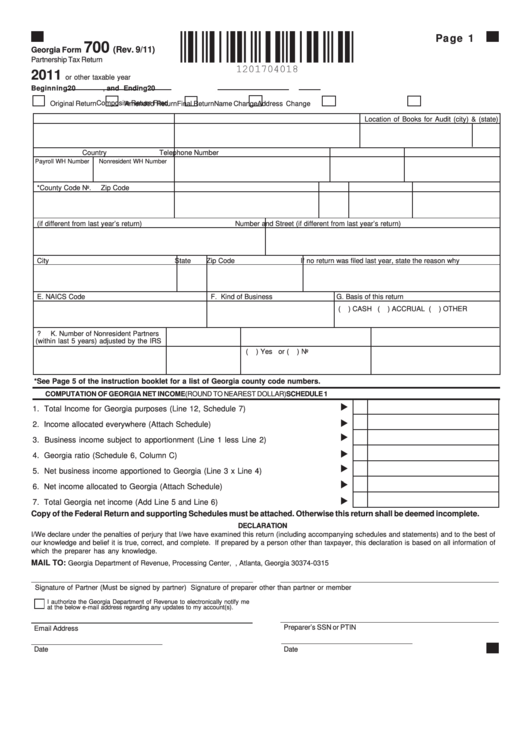 Georgia Form 700 - Partnership Tax Return - 2011 Printable pdf