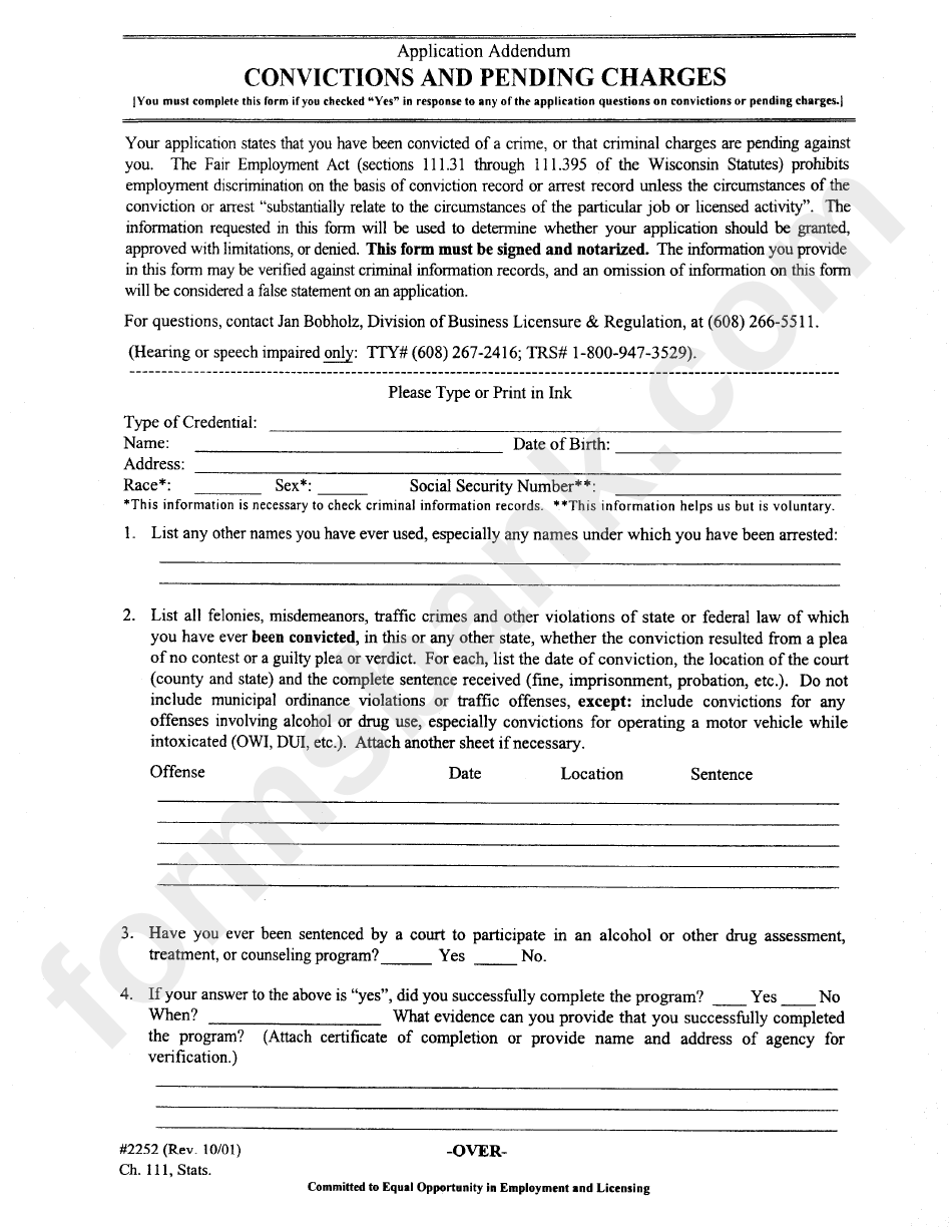 Convictions And Pending Charges - Application Addendum - Wisconsin Department Of Regulation And Licensing