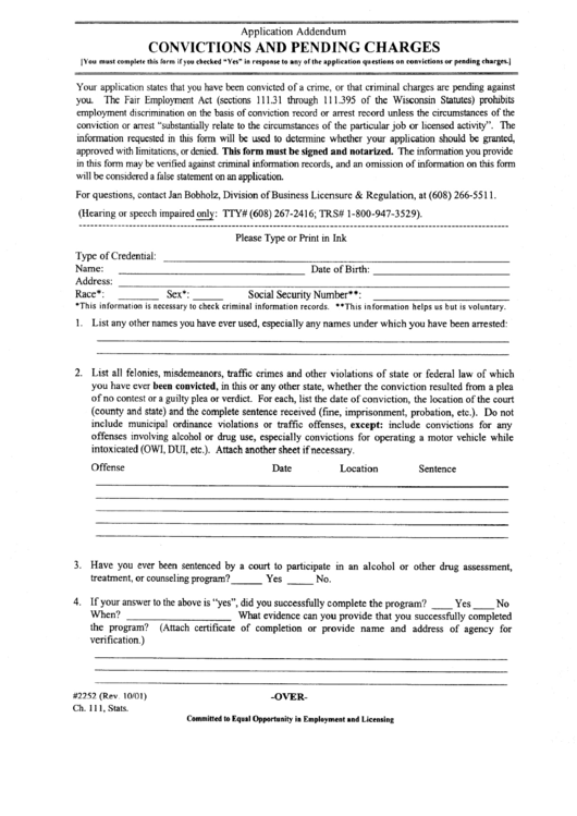 Convictions And Pending Charges - Application Addendum - Wisconsin Department Of Regulation And Licensing Printable pdf