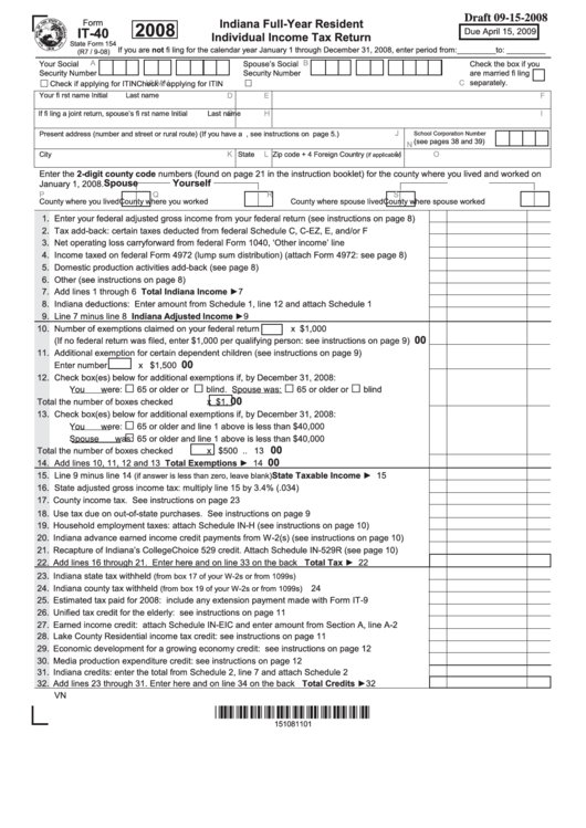 Form It-40 Draft - Indiana Full-Year Resident Individual Income Tax Return - 2008 Printable pdf
