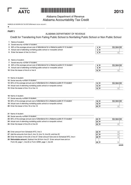 Fillable Schedule Aatc - Alabama Accountability Tax Credit - 2013 Printable pdf