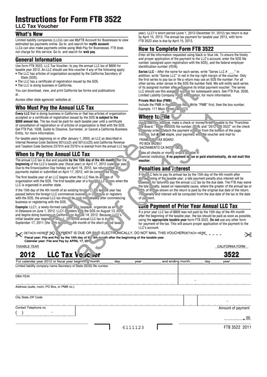 California Form 3522 Draft - Llc Tax Voucher - 2012