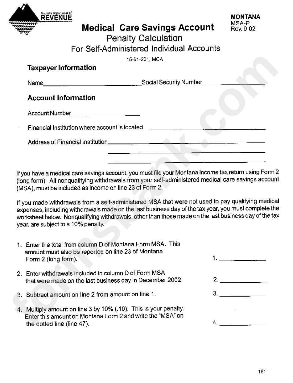Form Msa-P - Penalty Calculation For Self-Administered Individual Accounts - Montana Department Of Revenue