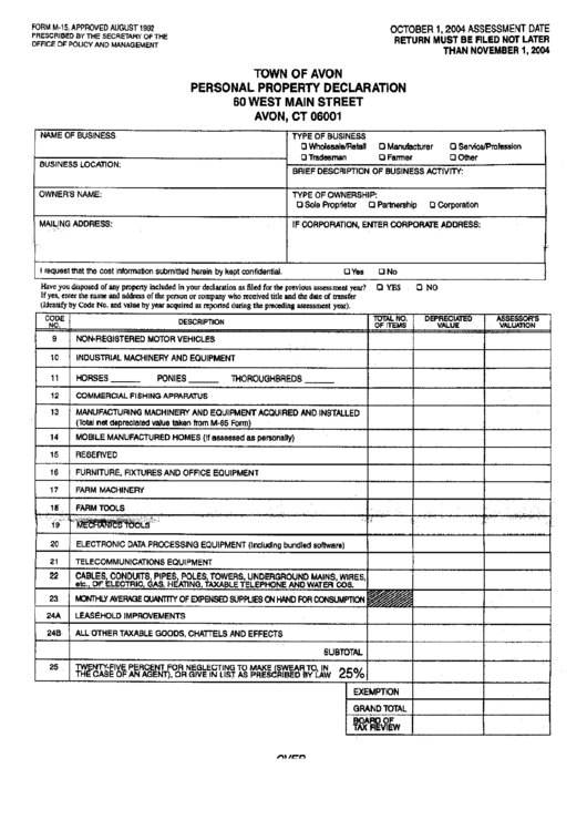Form M-15 - Personal Property Decloration Form - State Of Connecticut Printable pdf