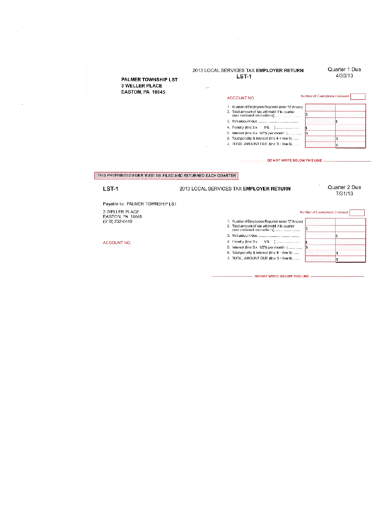 Form Lst-1 - Local Services Tax Employer Return - Palmer Township Lst - 2013 Printable pdf