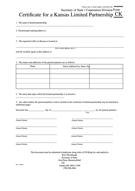 Form Ck - Certificate For A Kansas Limited Partnership - Kansas Secretary Of State Printable pdf