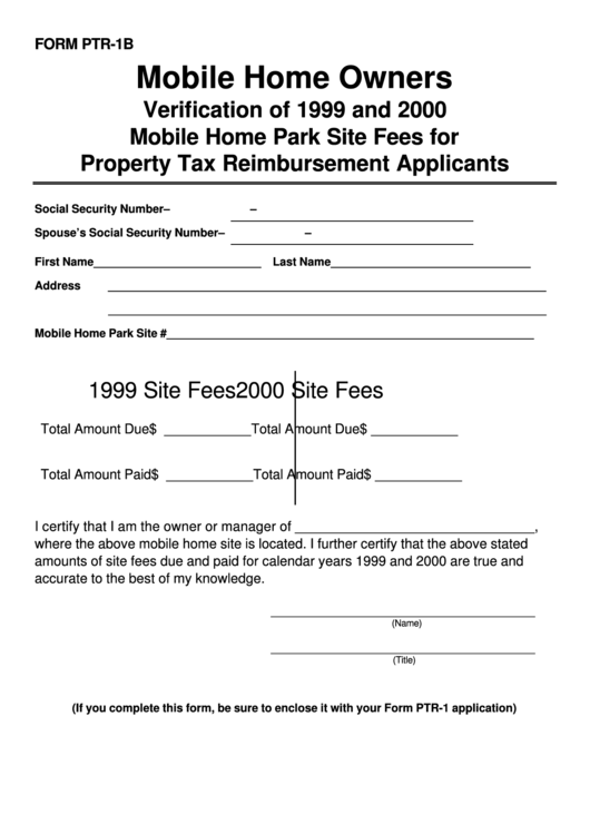 Fillable Form Ptr-1b - Mobile Home Owners Verification Of 1999 And 2000 Mobile Home Park Site Fees For Property Tax Reimbursement Applicants Printable pdf