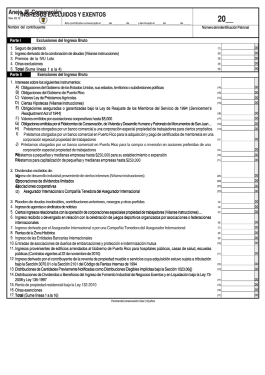 Anejo Ie Corporacion - Ingresos Excluidos Y Exentos Printable pdf