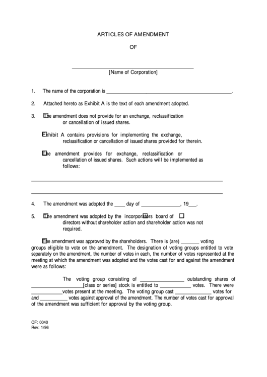 Form Cf-0040 - Articles Of Amendment Printable pdf