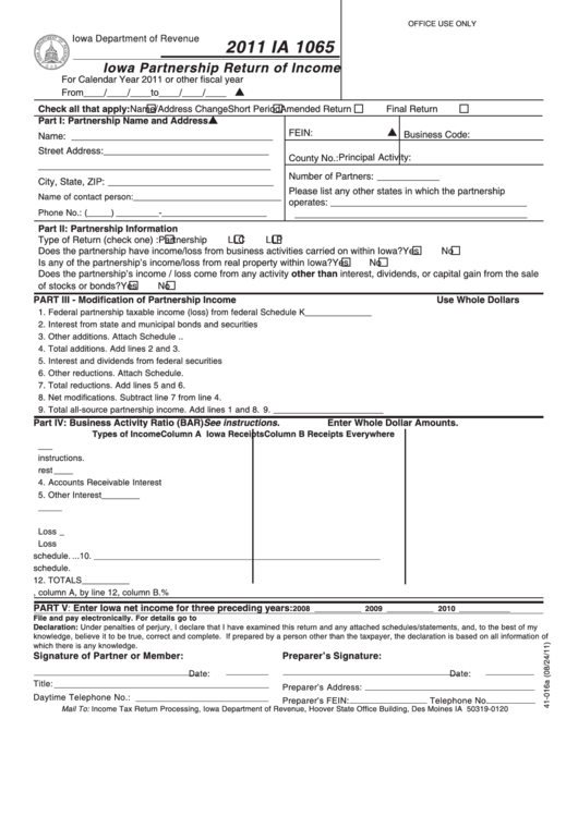Form Ia 1065 - Iowa Partnership Return Of Income - 2011 Printable pdf