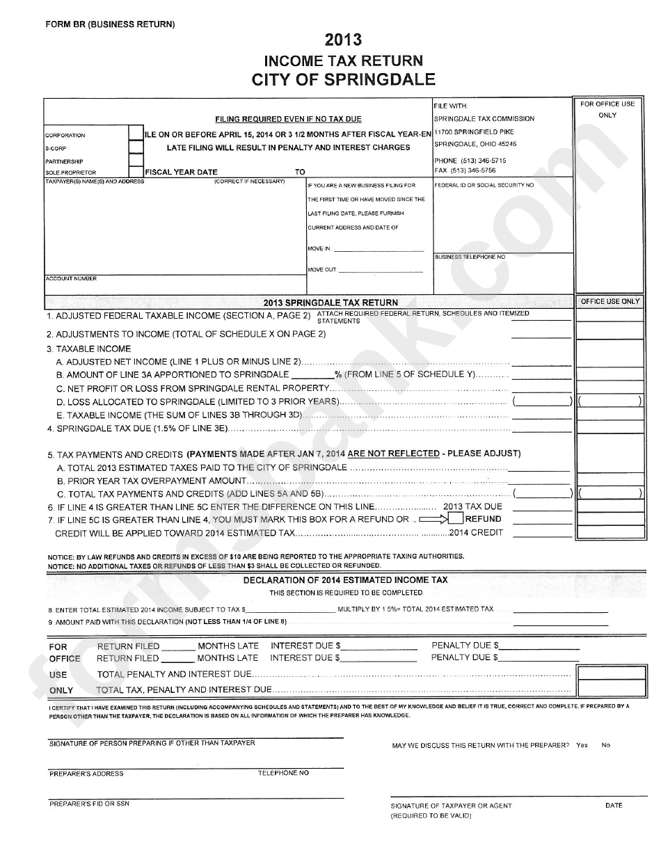 Form Br - Income Tax Return - City Of Springdale, 2013