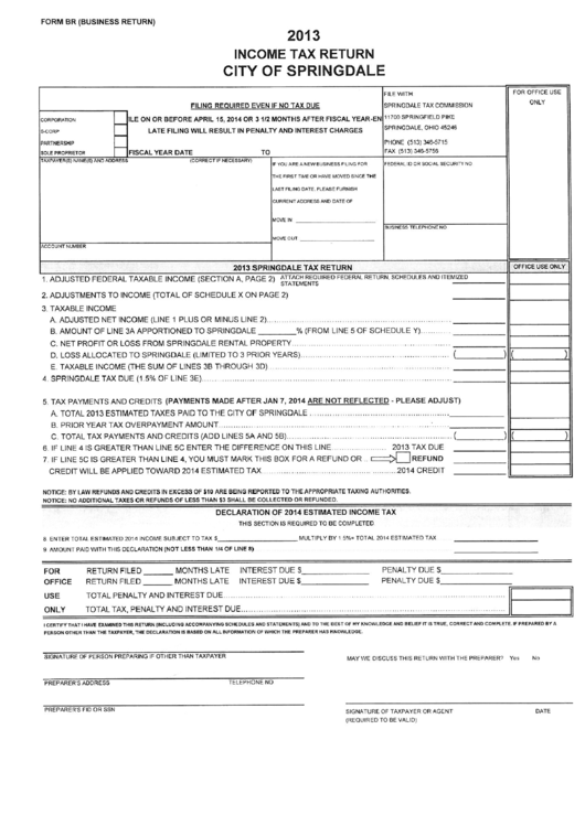 Form Br - Income Tax Return - City Of Springdale, 2013 Printable pdf
