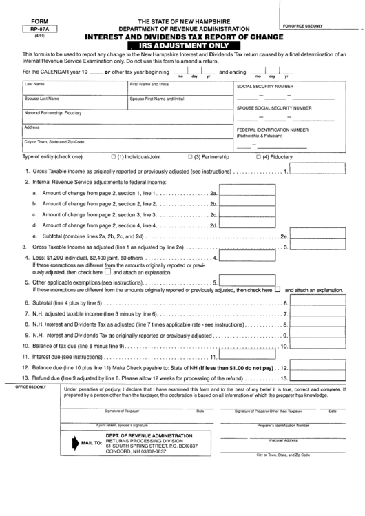 Form Rp-87a - Interest And Dividends Tax Report Of Change Printable pdf