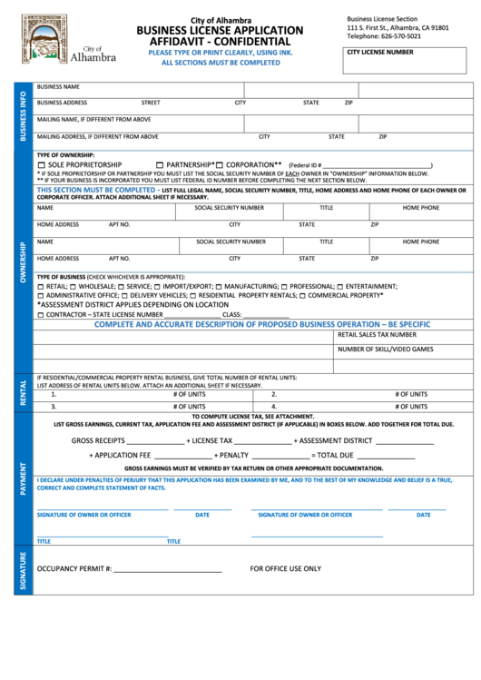 Business License Application Affidavit Confidential City Of