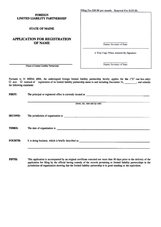 Application For Registration Of Name - Maine Secretary Of State Printable pdf