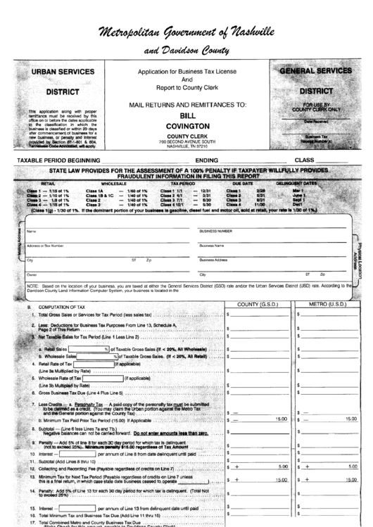 Application For Business Tax License And Report To County Clerk - Metropolitan Government Of Nashville And Davidson County Printable pdf