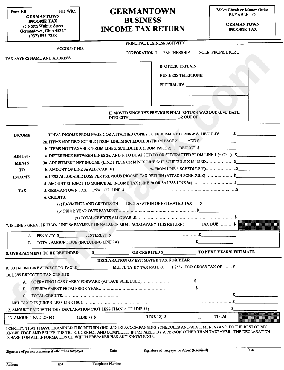 Form Br - Business Income Tax Return - Germantown