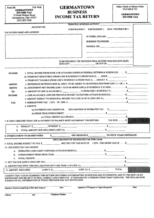 Form Br - Business Income Tax Return - Germantown Printable pdf