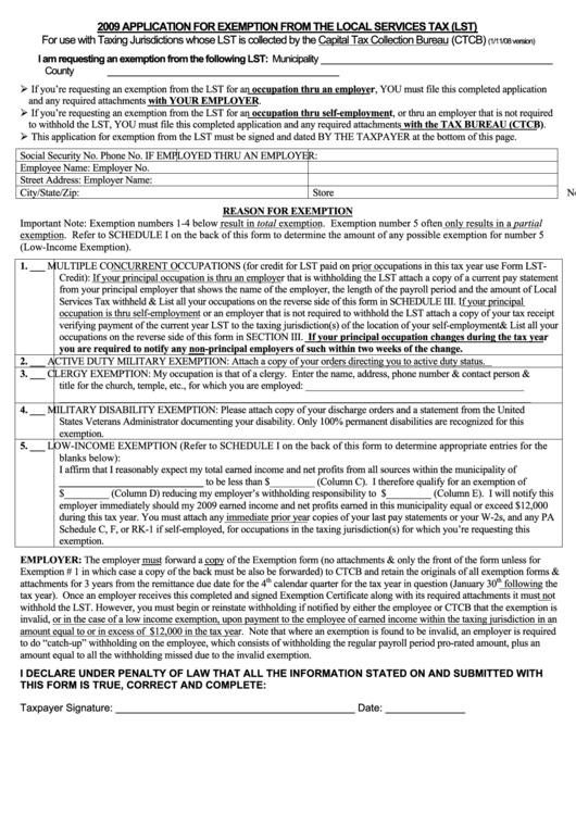 Application For Exemption From The Local Services Tax - Pennsylvania Capital Tax Collection Bureau - 2009 Printable pdf