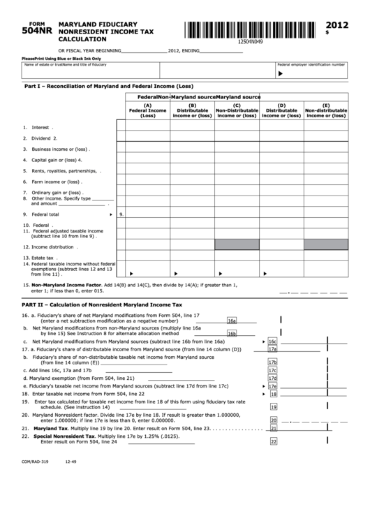 Fillable Form 504nr - Maryland Fiduciary Nonresident Income Tax Calculation - 2012 Printable pdf
