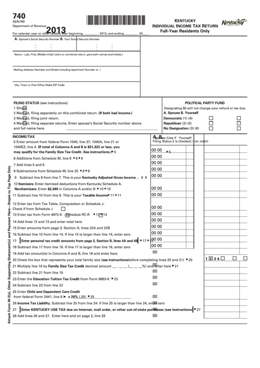 Fillable Form 740 - Kentucky Individual Income Tax Return Full-Year Residents Only - 2013 Printable pdf