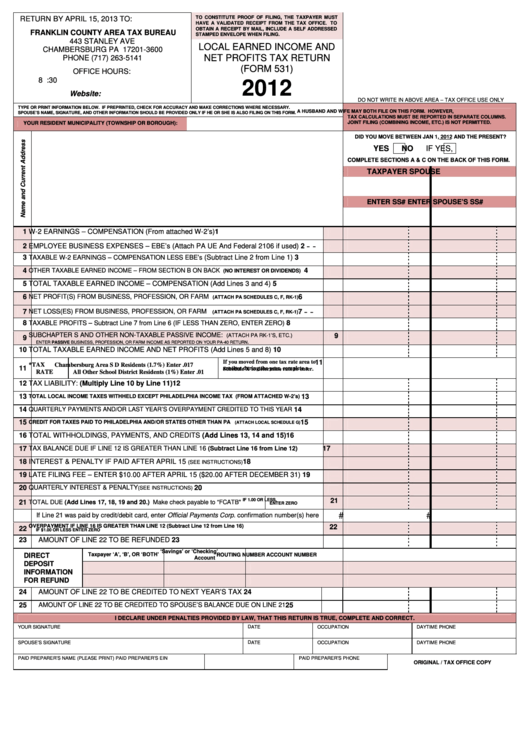 Form 531 - Local Earned Income And Net Profits Tax Return - 2012 Printable pdf