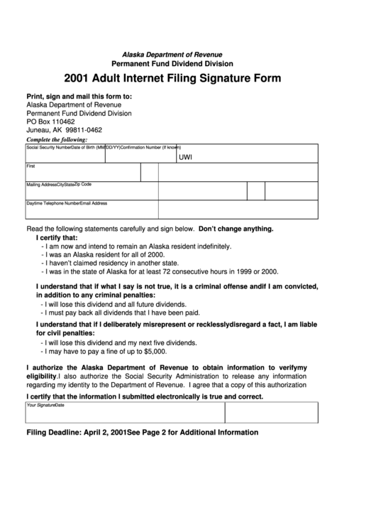 Adult Internet Filing Signature Form - 2001 - Alaska Department Of Revenue Printable pdf