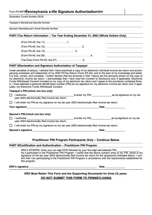 Form Pa-8879 - Pennsylvania E-File Signature Authorization - 2003 Printable pdf