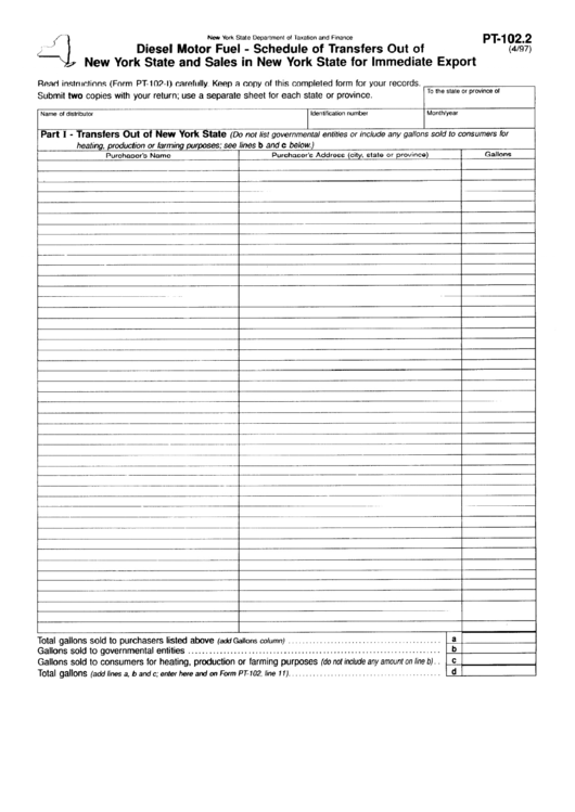 Form Pt-102.2 - Diesel Motor Fuel - Schedule Of Transfers Out Of New York State And Sales In New York State For Immediate Export Printable pdf