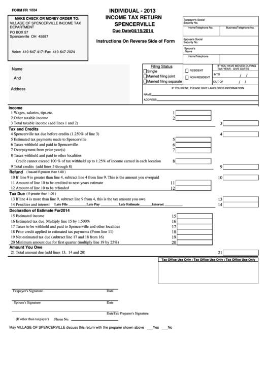 Form Fr 1224 - Individual Income Tax Return -Spencerville - 2013 Printable pdf