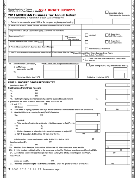 Form 4567 Draft - Michigan Business Tax Annual Return - 2011