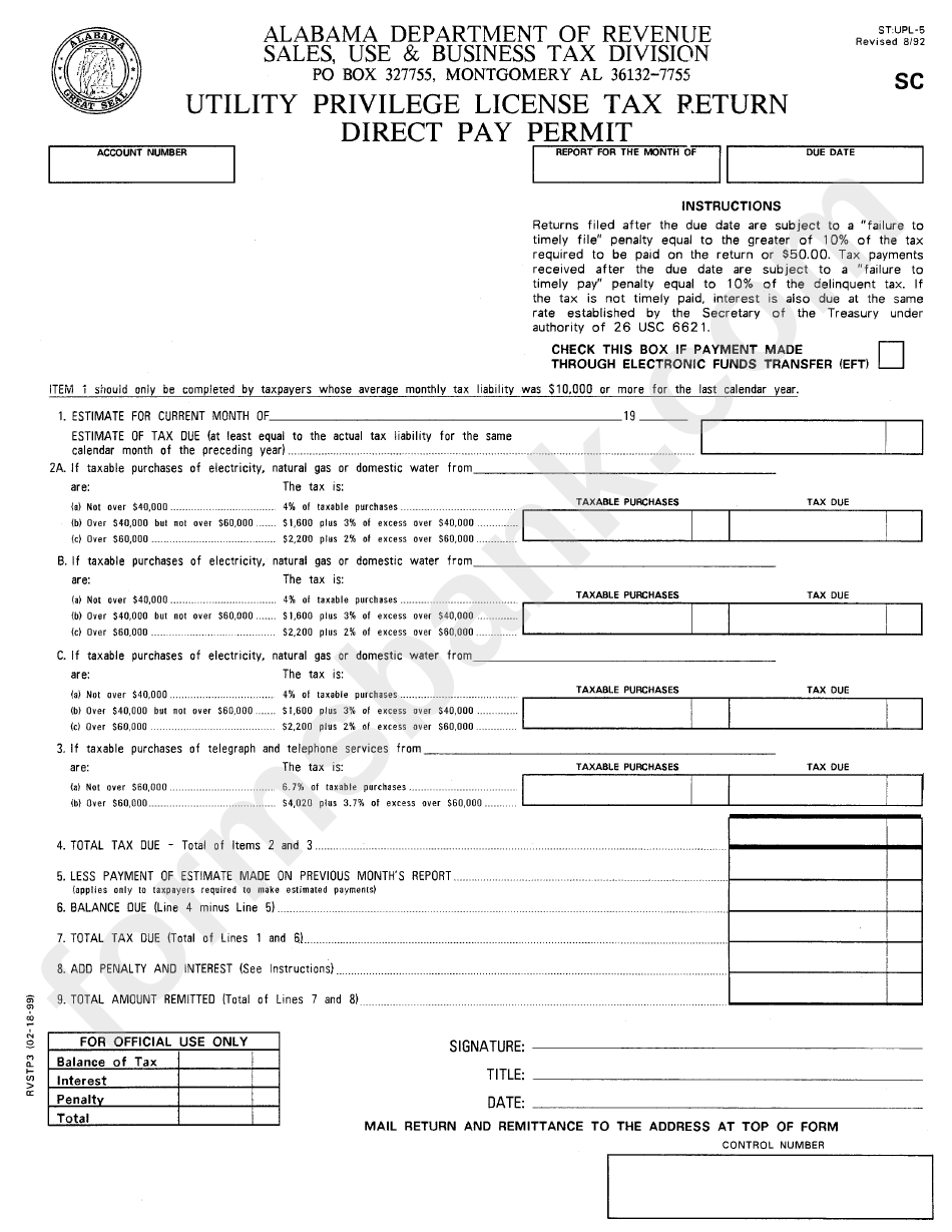 Form St:upl-5 - Utility Privilege License Tax Return Direct Pay Permit