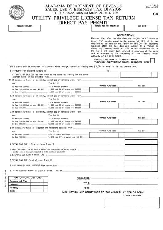Form St:upl-5 - Utility Privilege License Tax Return Direct Pay Permit Printable pdf