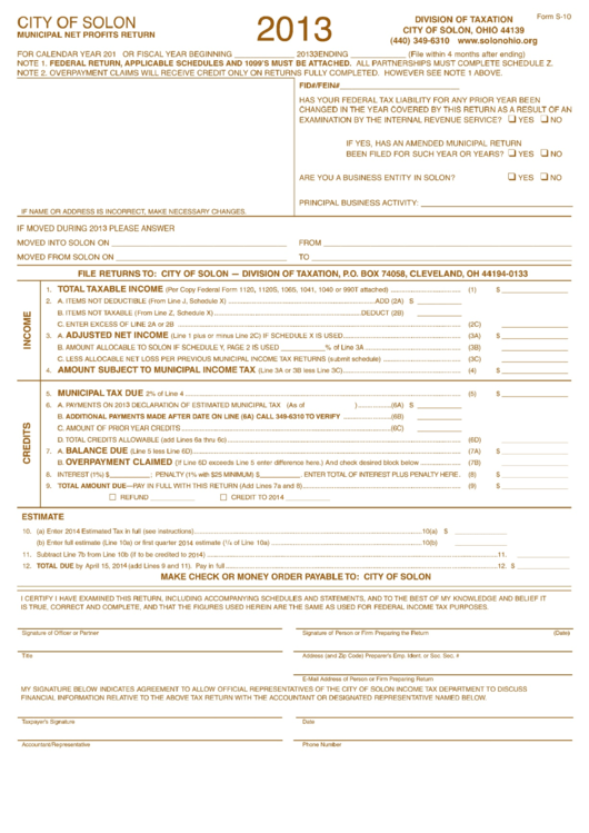 Municipal Net Profits Return Form - City Of Solon, 2013 Printable pdf