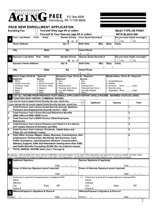 Pace New Enrollment Application Form - Pennsylvania Department Of Aging Printable pdf