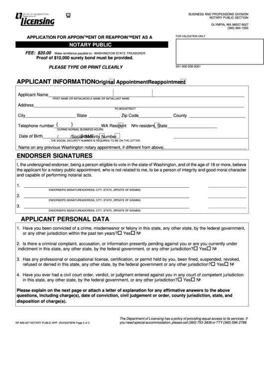 Form Np-659-007 - Application For Appointment Or Reappointment As A Notary Public Printable pdf