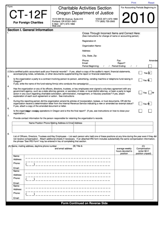 Fillable Form Ct-12f - Tax Return For Foreign Charities - 2010 Printable pdf