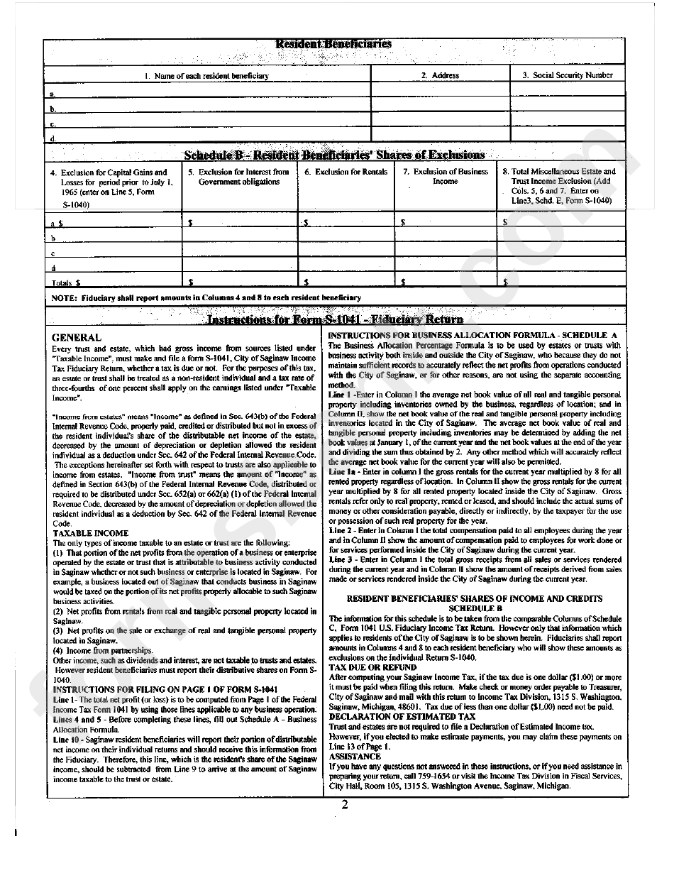 Form S-1041 - City Of Saginaw Income Tax Fiduciary Return - 1999