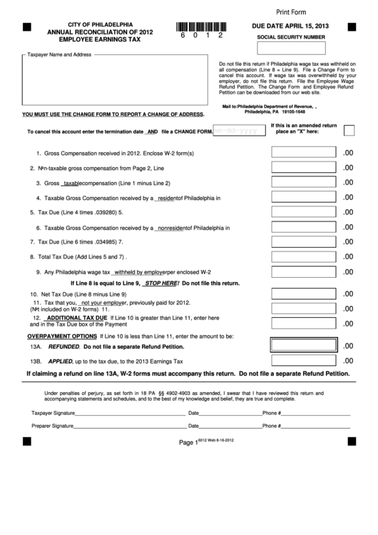 Fillable Annual Reconciliation Of 2012 Employee Earnings Tax - City Of Philadelphia Printable pdf