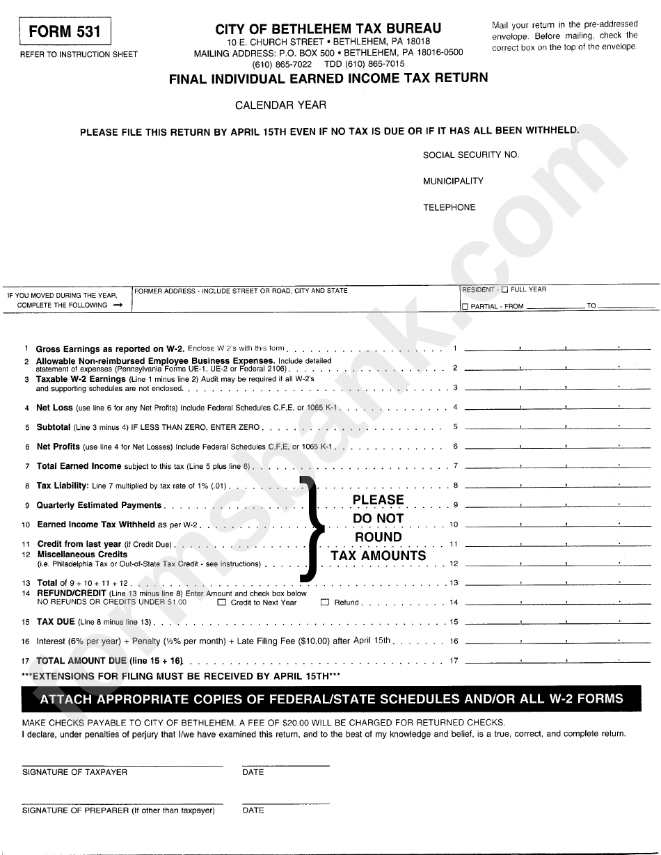 Form 531 - Final Individual Earned Income Tax Return