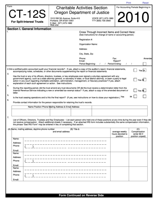 Fillable Form Ct-12s - Tax Return For Split-Interest Trusts - 2010 Printable pdf
